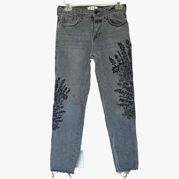 We The Free Jeans Womens 25 Distressed Faded Black Embroidered Floral Cropped - Picture 1 of 8